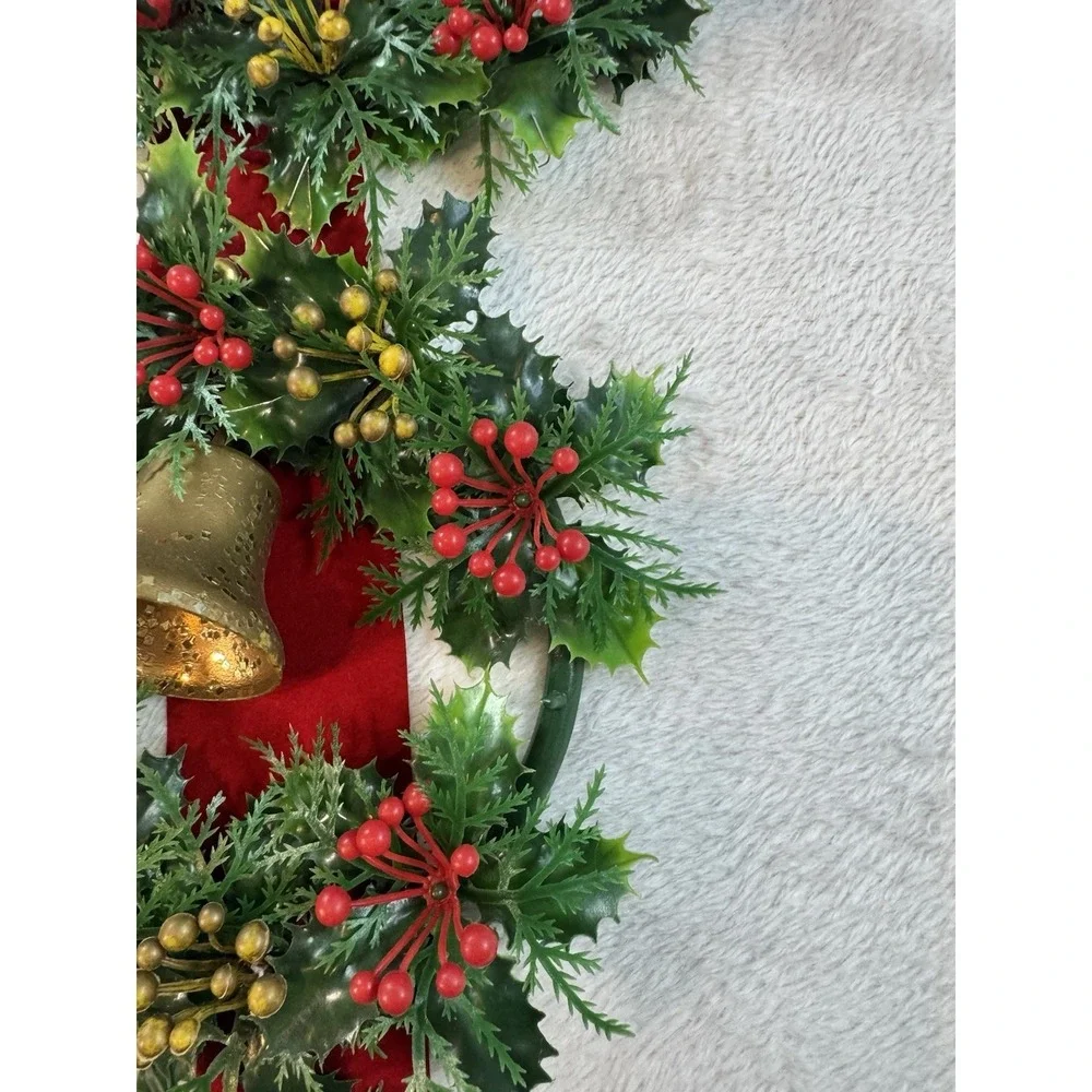 Vintage Plastic Triple Christmas Wreath with Bells on Flocked Red Velvet Ribbon